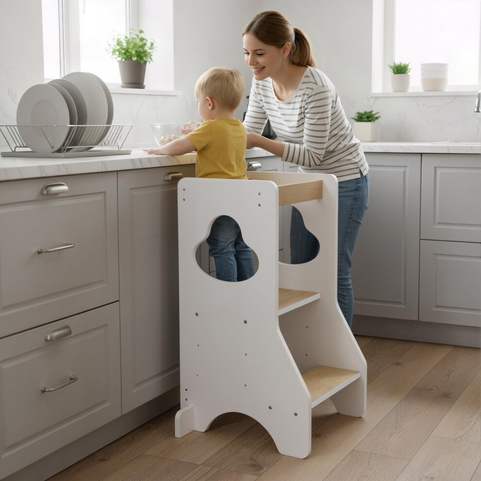 Cosyland Kids Standing Tower – Adjustable Height Kids Kitchen Stool Helper – Super Stable Adjustable Wooden Toddler Kitchen Stool (White & Natural
