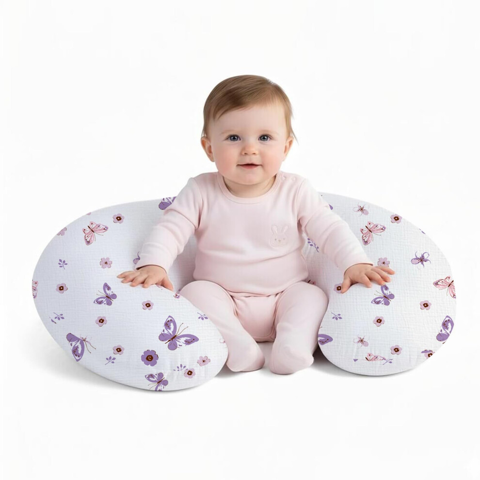 Little Grape Land Nursing Pillow, Soft 100% Cotton Breastfeeding Pillow With Breathable Muslin Removable Cover, Purple Butterfly Breast Feeding Pillo