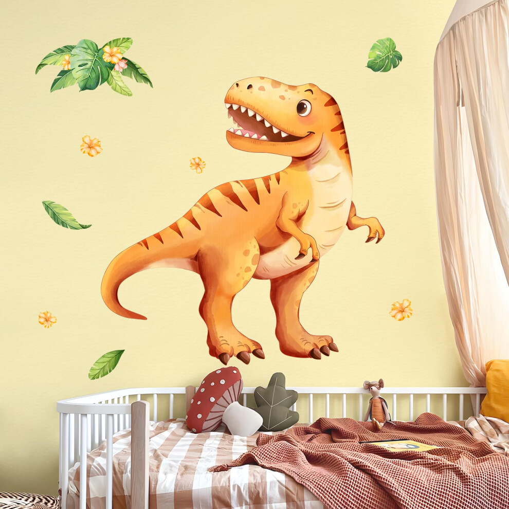 Tanlaby Large Dinosaur Wall Decals Yellow Dino Palm Leaf Wall Stickers Peel And Stick Jungle Art Decor For Baby Nursery Boys Girls Kids Toddler Bedro