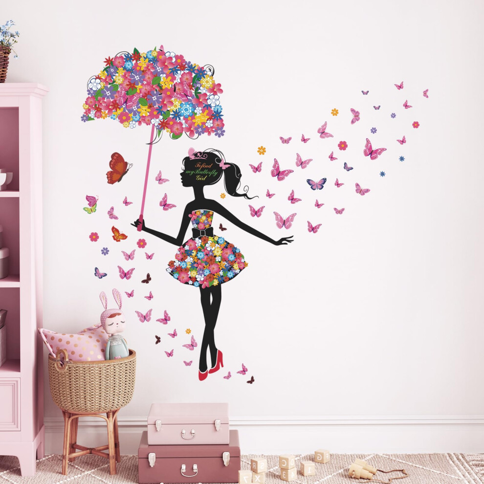 Flower Fairy Wall Stickers, Girl With Umbrella Colorful Butterfly Floral Wall Decals, Diy Vinyl Mural Art For Girls Baby Nursery Bedroom Livi Tanlaby