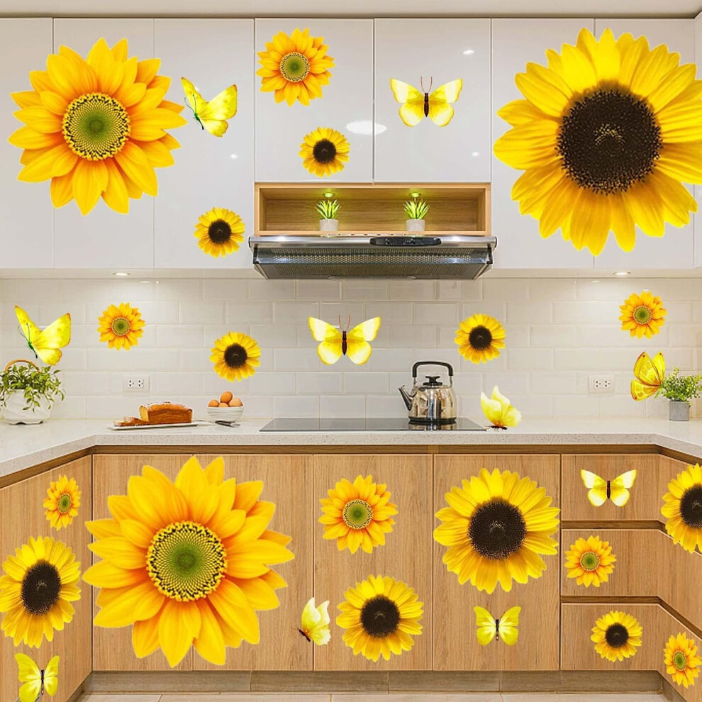 Lzmdisu 54 Pcs 3D Sunflowers And Butterfly Wall Stickers Decor - Large Sunflower Wall Decals Peel And Stick Yellow Flowers Stickers For Home Kitchen Bedroom