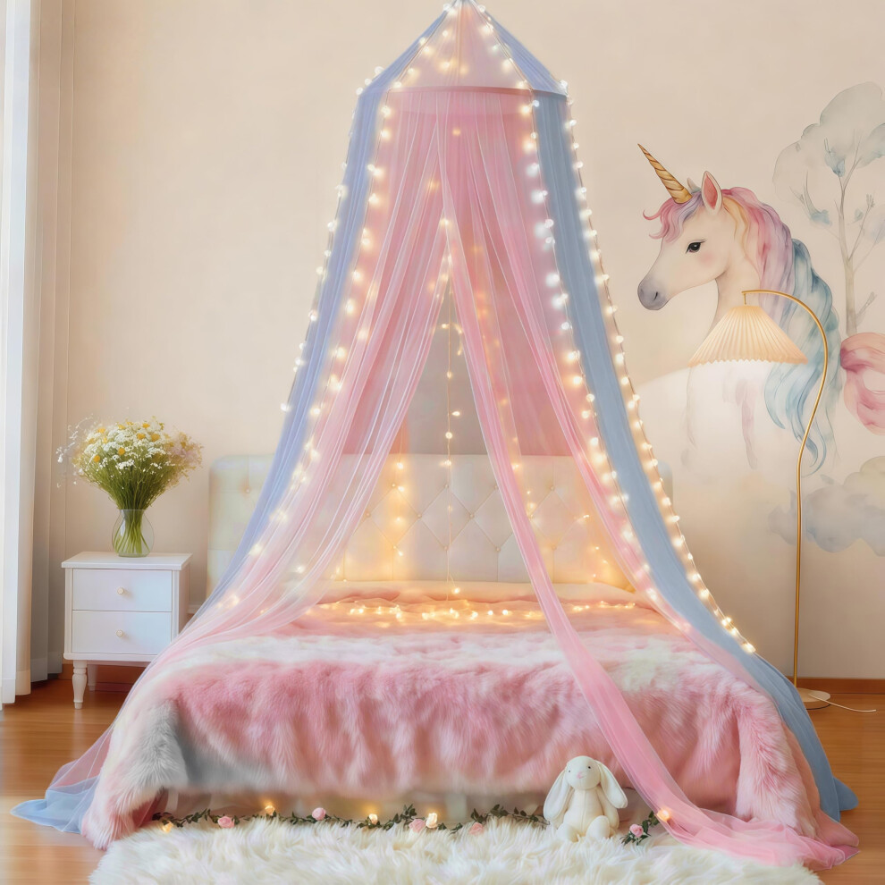 Eimilaly Two-Tone Bed Canopy Mosquito Net Pink Blue With Warm Lights, Bed Canopy