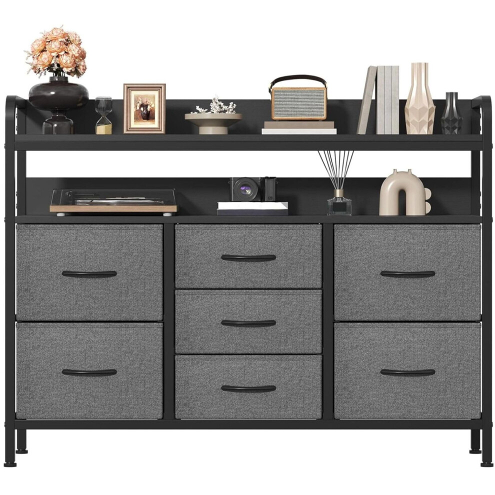 Feonase Chest Of Drawers Bedroom, Fabric Dresser With 7 Drawers, Storage Dresser With 2 Layer Shelves, Tall Storage Organizer Unit With Steel Frame,