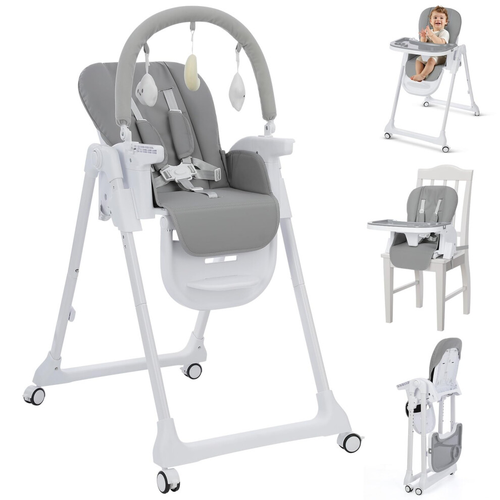 Foldable Baby High Chair With Toy Bar, Adjustable Height Highchair, Easy-Clean Pu Seat, Double Tray, Wheels & Convertible Booster Seat Yoleo