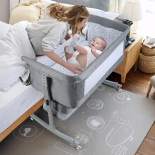 woshapce Baby Bedside Crib Baby Crib with with Wheels, Storage, Mosquito Net and Matress Included, Height Adjustable Baby Bassinet (Grey 3)