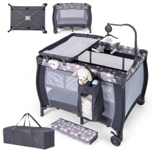 Maxmass 3 in 1 Baby Travel Cot, Convertible Infant Crib with Lockable Wheels, Mattress, Changing Table, Music Box, Hanging Toys and Carry Bag, Portabl