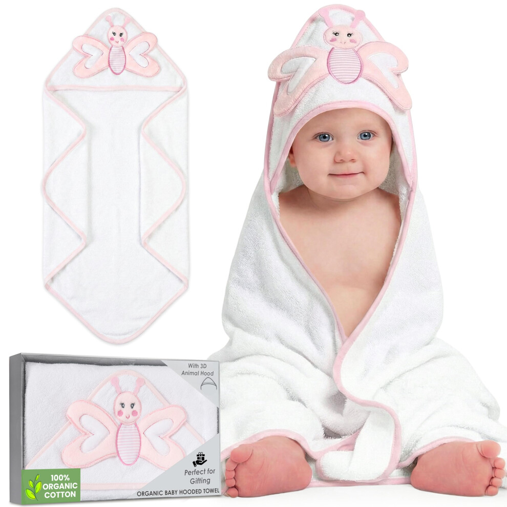 Mother's Choice Organic Cotton Baby Poncho With Hood - 84X84 Cm Ultra Soft & Absorbent Bath Wearable For Newborns, Infants, 3D Butterfly Design