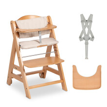 hauck Beta+, Natural - Wooden High Chair Set from 6 Months to 90 kg - with Wheels, Seat Cushion, Wooden Tray & Bumper Bar, 5 Point Harness & Crotch S