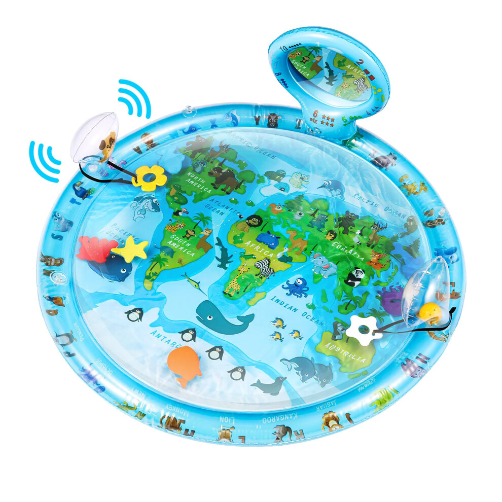 Magosis Tummy Time Water Mat, Extra Large 80X80cm Baby Sensory Play Mat With Mirror, Rattle, Teethers & Floating Sea Animals, Inflatable World Map Activity M