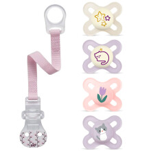 MAM Skin Soft Silicone Dummy Start Day + Night (2+2) Especially for Premature and Newborns Extra Small 0-2 Months Pack of 4, incl. Nipsoothers Clip