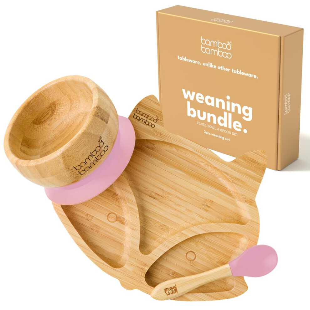 Baby Plate & Bowl Weaning Set With Secure Suction For Feeding And Weaning, Bamboo Fox Plate, Toddler Bowl & Baby Spoon For Babies From Bamboo Bamboo