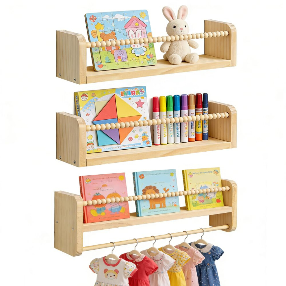 Sgzioo Set Of 3 Nursery Shelves, 40Cm Nursery Book Shelf, Floating Book Shelves, Wall Bookshelf With Hanging Rail, Kids Shelves For Children's Room,