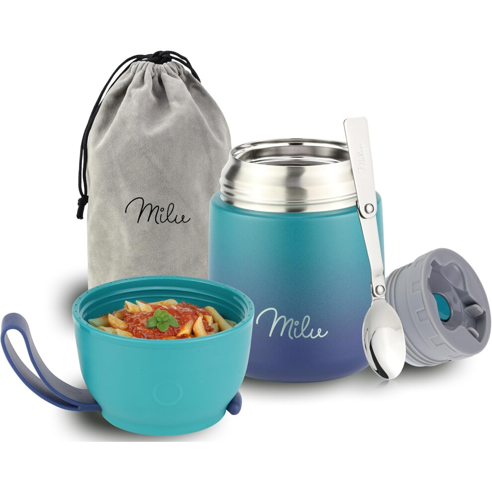 Thermo Food Flask 450Ml - Stainless Steel Insulated Container - Lunchbox - Jar With Spoon For Hot And Cold Food ( 450Ml) Green/Blue Milu