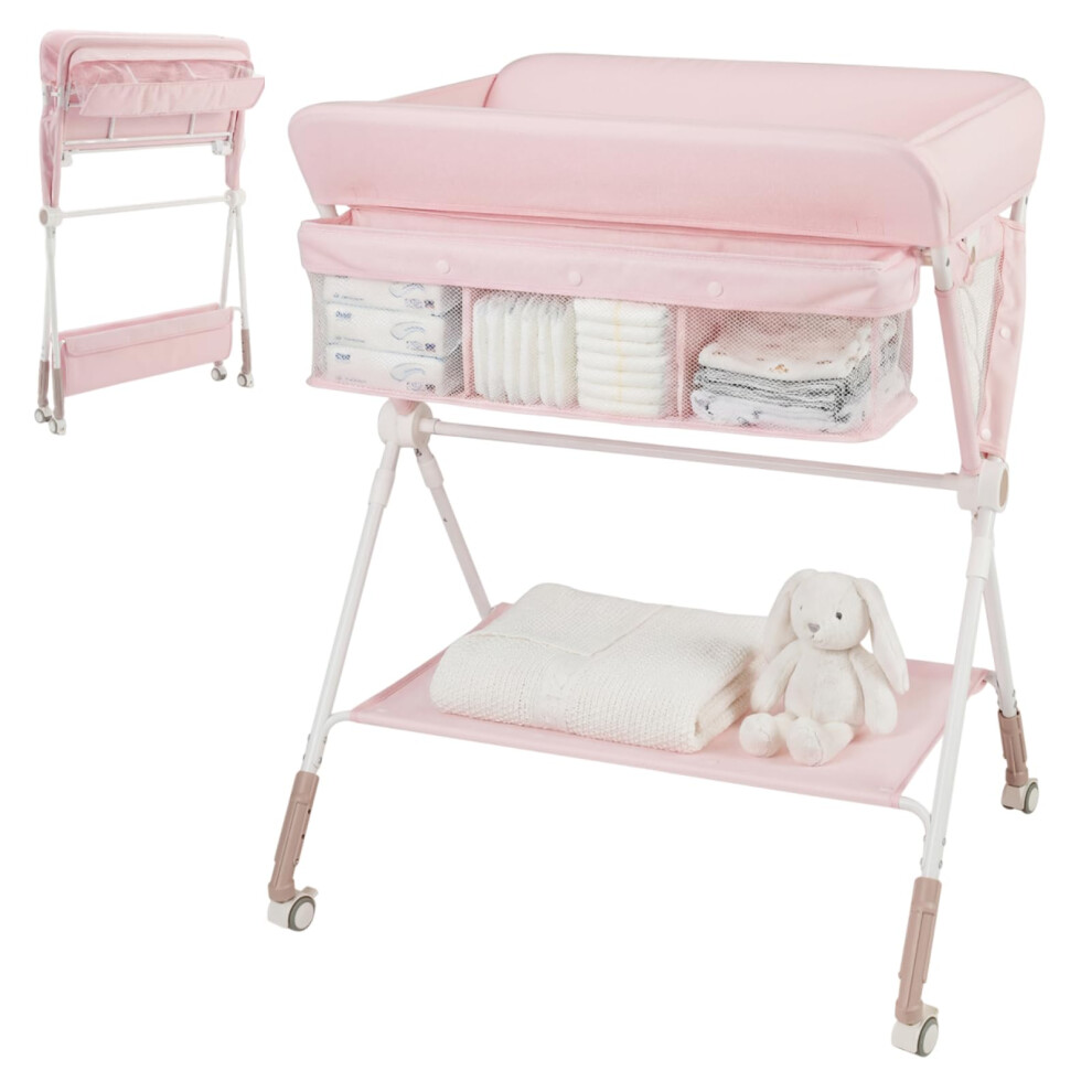 Baby Changing Table, Folding Infant Diaper Changing Station With Wheels, Shelf And Storage Basket, Height Adjustable Nappy Table For Newborn Maxmass