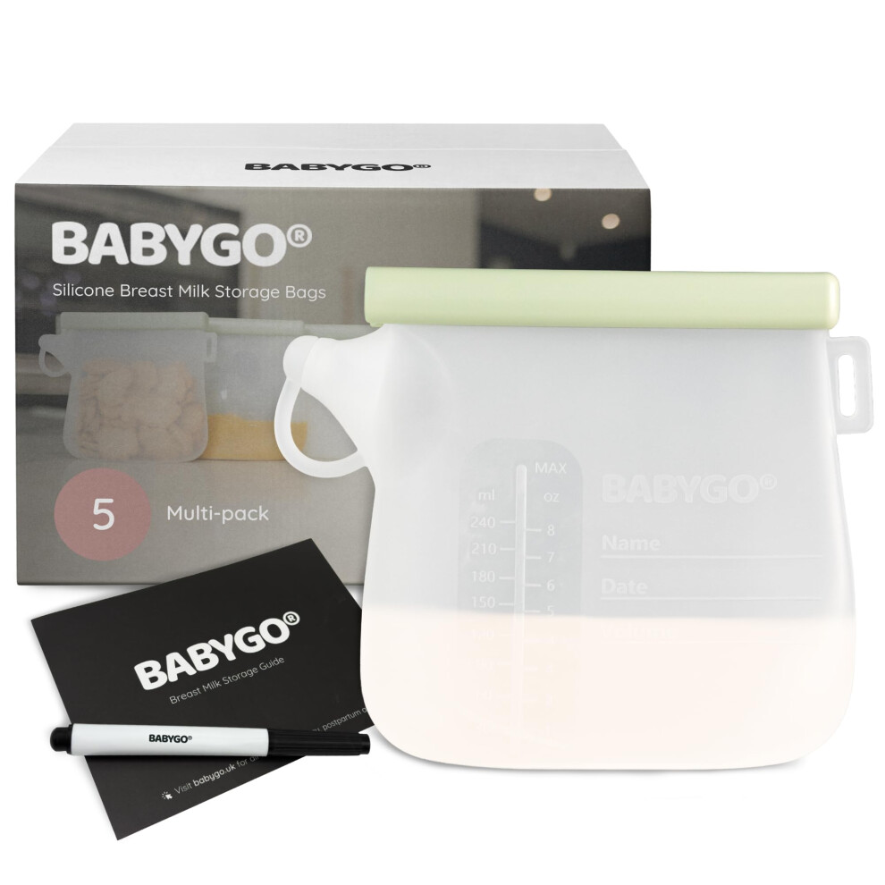 Babygo 5 Pcs Reusable Silicone Breast Milk Storage Bags – Bpa-Free, Leak-Proof, Freezer & Dishwasher Safe, Easy Pour Spout, Stand-Up Eco-Friendly