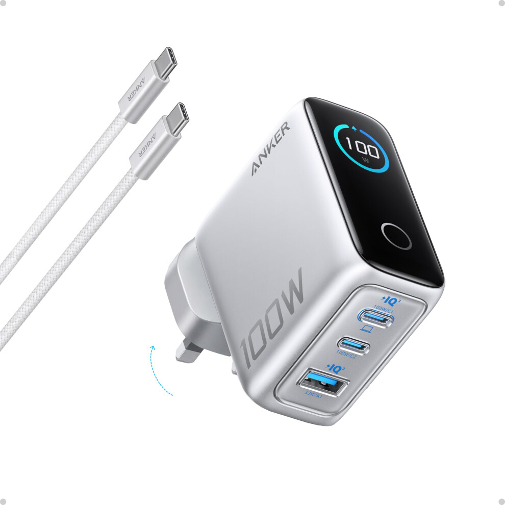 Photos - Power Tool Battery ANKER 100W USB C Charger, 3-Port Fast Charger Plug, Ultra-Compact GaN Laptop Charger, Smart Display, Touch Control, for MacB