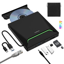 New External CD DVD Drive, Cool DVD Burner USB 3.0 with Ethernet Adapter, 3 USB and 2 TF/SD Card Ports, CD DVD Player Reader Writer Optical Disc Driv