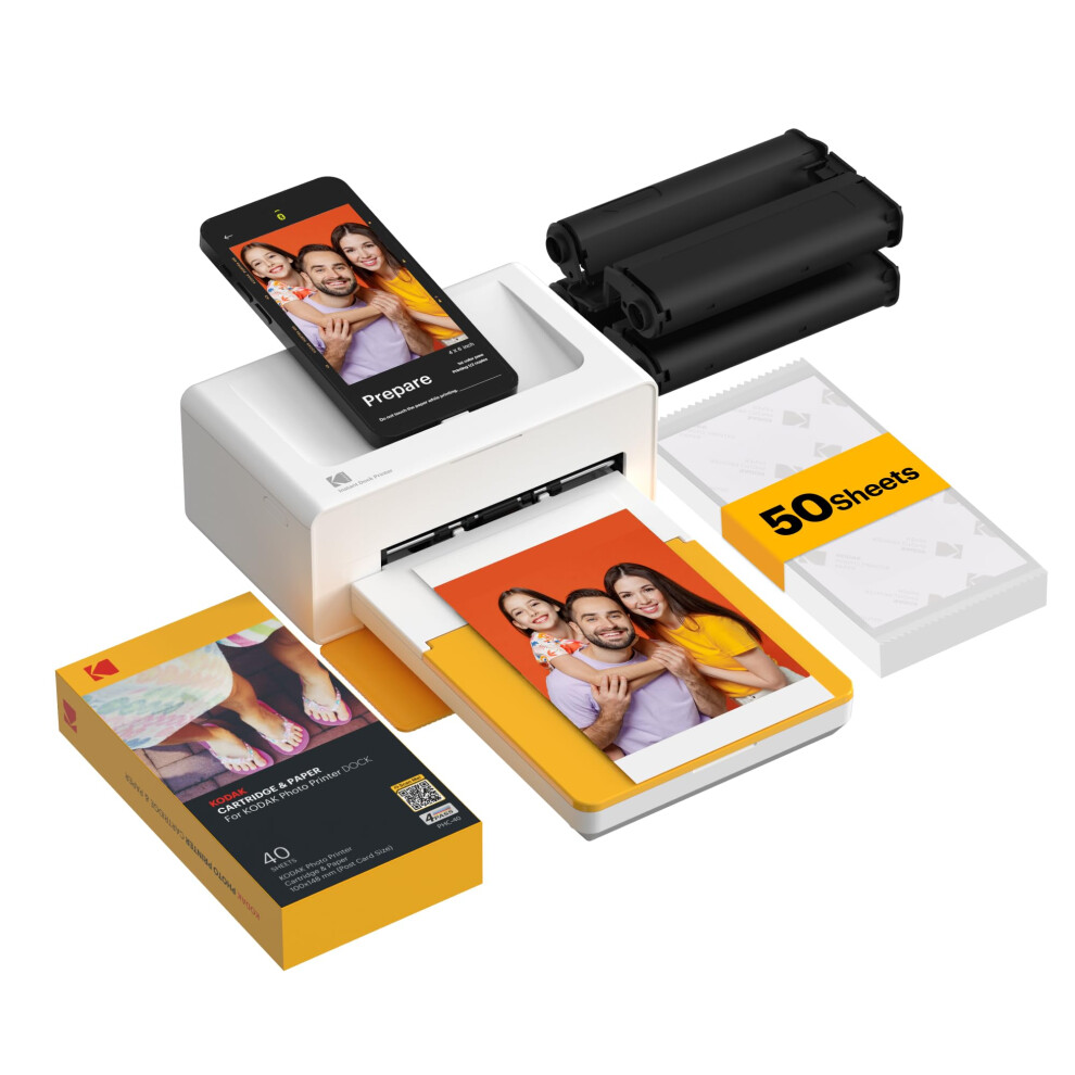 Kodak Dock Plus 4X6'' Photo Printer, 50 Sheets, Docking & Bluetooth Mobile Printer For Ios & Android, Instant Color Prints, 4Pass Dye Sublimation
