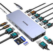 Laptop Docking Station Dual Monitor, Melelink 15-in-1 USB C Hub Multiport Adapter Triple Display 2 HDMI 4K, 8K Displayport, 7 USB Ports, PD, SD/TF, E