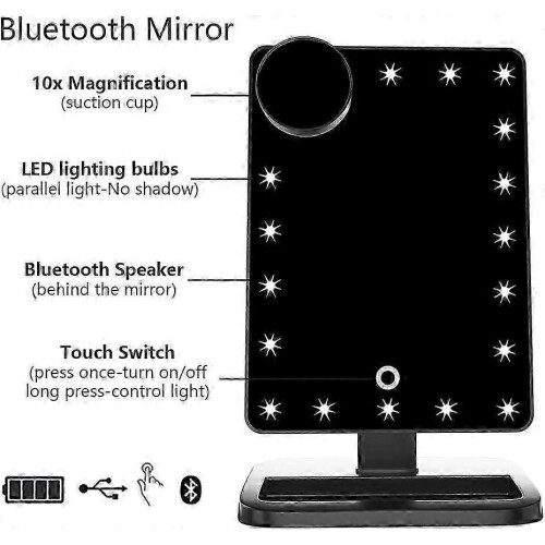 Bluetooth Lighted Vanity Makeup Mirror, Touch Screen, Black 2