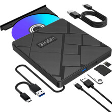 5-in-1 External CD/DVD Drive for Laptop, USB 3.0 & Type-C Portable CD/DVD Burner with SD/TF Card Reader, CD Player for Laptop, Compatible with Laptop