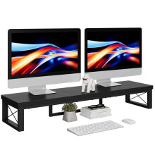 IBUYKE Dual Monitor Stand Riser, Wooden Desktop Computer Monitor Stand Storage Shelf and Steel Legs, Dual Screen Office Desk, Monitor Riser for Print
