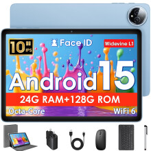 Tablet 10 Inch, Android 15 Tablets with Case, Mouse & Keyboard, Octa-Core, 24GB RAM+128GB ROM+1TB Expand, 1280 x 800 HD IPS Display, Dual Camera, 600