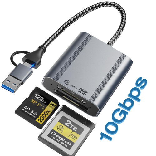 2 in 1 CFexpress Type B & SD Card Reader 10Gbps USB3.2 Gen2, Aluminum Type B CFexpress Adapter Camera External USB-A/USB-C Cable CFB Card Reader Comp