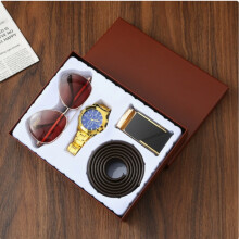 Coffret cadeau marron pour homme comprenant une montre de luxe en acier inoxydable, un bracelet en cuir et des lunettes de soleil.