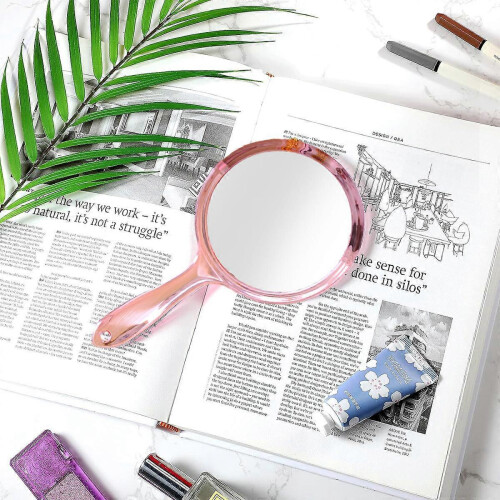 Pink 1PC Handheld Double-Sided Mirror 1X/2X Magnifying, Clear Rounded Makeup Mirror with Handle 1