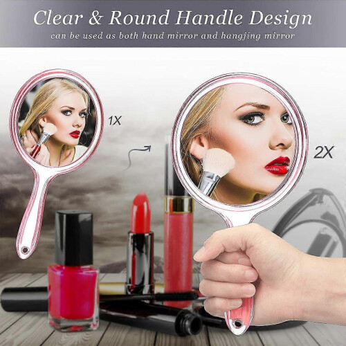 Pink 1PC Handheld Double-Sided Mirror 1X/2X Magnifying, Clear Rounded Makeup Mirror with Handle 2