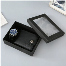 2026 M2302 Zwarte 3-in-1 Set – Echt lederen portemonnee + Klassiek analoog horloge + Luxe geschenkdoos voor mannen