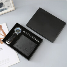 Zwarte cadeauset voor heren: luxe horloge, leren portemonnee en luxe pen. 3-delige klassieke zakelijke accessoireset met doos.