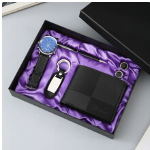 Juego de regalo negro para hombre: reloj de lujo, cartera de cuero, bolígrafo ejecutivo y gemelos. Kit de 5 piezas de accesorios formal