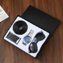 Conjunto de regalo de lujo para hombre en color negro: reloj de acero inoxidable, cinturón de cuero y gafas de sol. Kit de accesorios c