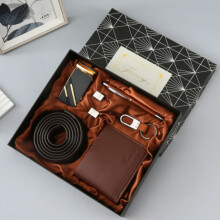 Men's Brown Gift Set Leather Belt Wallet Executive Pen and Cufflinks 5-Piece Classic Business Accessories Kit
