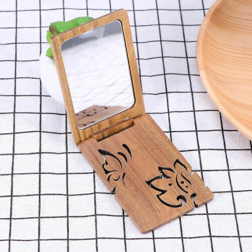 Foldable Portable Makeup Mirror Black Gold Wood Carved Plum Pattern 2