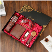 Premium Men's Brown Gift Set M2808 Elegant Watch Belt Wallet and Sunglasses 6-Pcs Vintage Modern Gentlemen Set