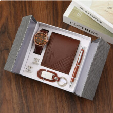 Premium Men's Brown Gift Set M2277 Elegant Watch Wallet Keyring and Cufflinks 5-Pcs Vintage Modern Office Set