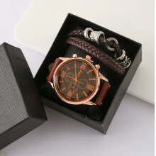 Men's Brown Gift Set Luxury Quartz Watch and Classic Bracelet 3-Piece Vintage Wristwatch Accessories Kit with Box