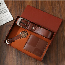 Men's Brown Gift Set Luxury Watch Leather Belt and Wallet 4-Piece Classic Business Accessories Kit with Box