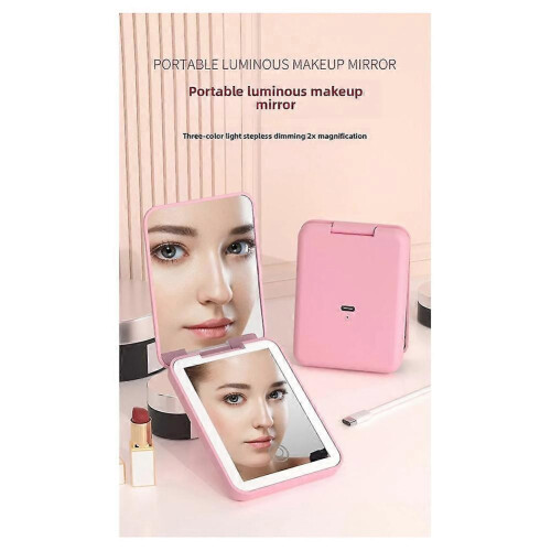 Black Compact Mini Vanity Folding Cosmetic Mirror with Lights, 2X Magnifying, Handheld Travel Makeup Mirror 2