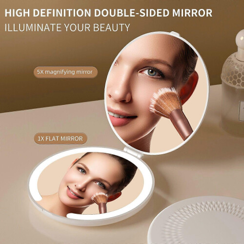 White Portable Foldable LED Makeup Mirror, 3 Color Lights, Rechargeable Travel Vanity 1