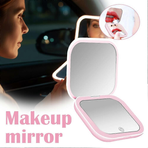 Miroir de maquillage LED pliable, rose, double face, rechargeable par USB 1