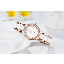 (Rose gold white surface) Premium New Ceramic Women Quartz Watch, Rhinestone Inlaid Fashion Waterproof Hot Selling Ladies Wristwatch