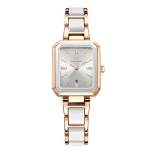 (Rose shell white surface white ceramics) Premium Women's Square Quartz Watch, Minimal Luxury Rhinestone Calendar Waterproof Ladies Wristwatch