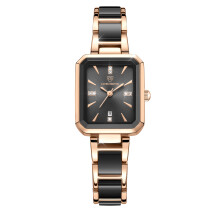 (Rose shell black surface black ceramics) Premium Women's Square Quartz Watch, Minimal Luxury Rhinestone Calendar Waterproof Ladies Wristwatch