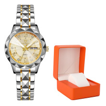 (Double Calendar Gold Face (Intermediate Gold Strap)-Orange Gift Box) New Luxury Women Quartz Watch, Luminous Waterproof Elegant Ladies Wristwatch