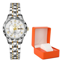 (Double Calendar White Face (Intermediate Gold Strap)-Orange Gift Box) New Luxury Women Quartz Watch, Luminous Waterproof Elegant Ladies Wristwatch