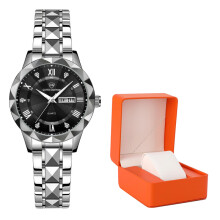 (Dual Calendar Black Face (Steel Color Strap)-Orange Gift Box) New Luxury Women Quartz Watch, Luminous Waterproof Elegant Ladies Wristwatch